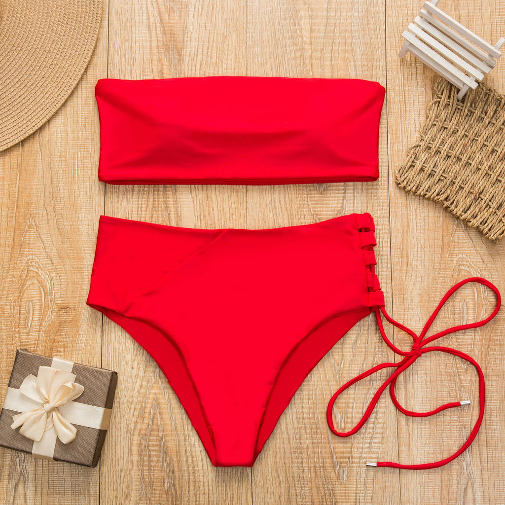 Traje de baño bikini sin tirantes de talle alto, nuevo estilo 2019