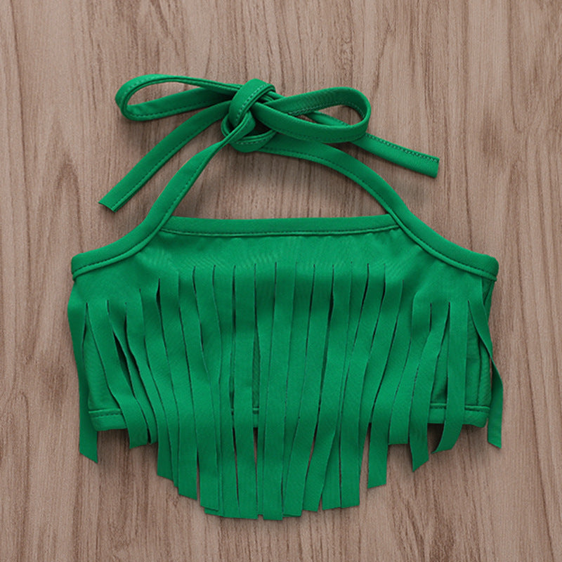 Conjunto de traje de baño infantil con estampado de piña y tirantes con borlas