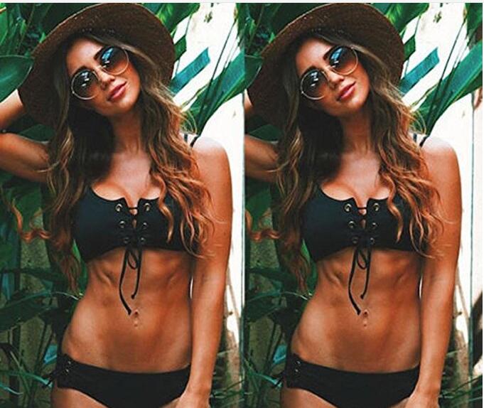 Conjunto de bikini negro sexy de tirantes y alta elasticidad.