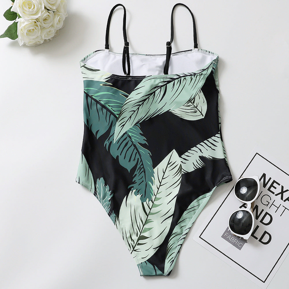 Traje de baño de una pieza sexy con estampado de hojas verdes 2019