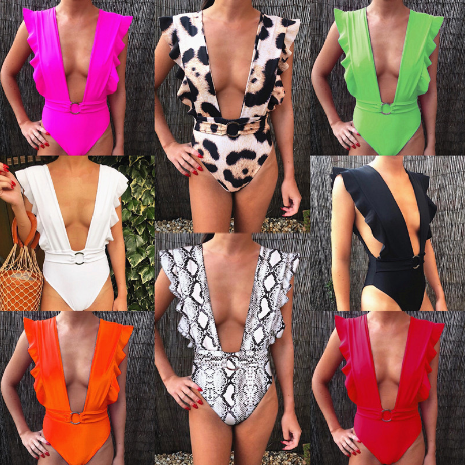Traje de Baño con Escote Pronunciado en V y Volantes con Conjunto de Bikini