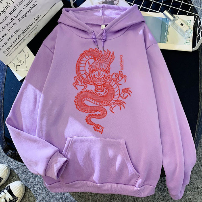 Sudaderas con Capucha para Parejas en Colores de Caramelo con Diseño de Dragón Estampado