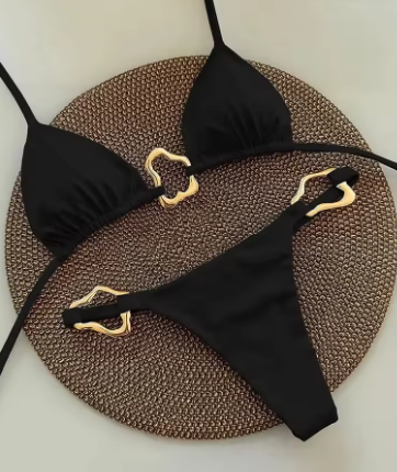 Conjunto de Bikini de Dos Piezas para Mujer de Color Sólido con Detalles Calados