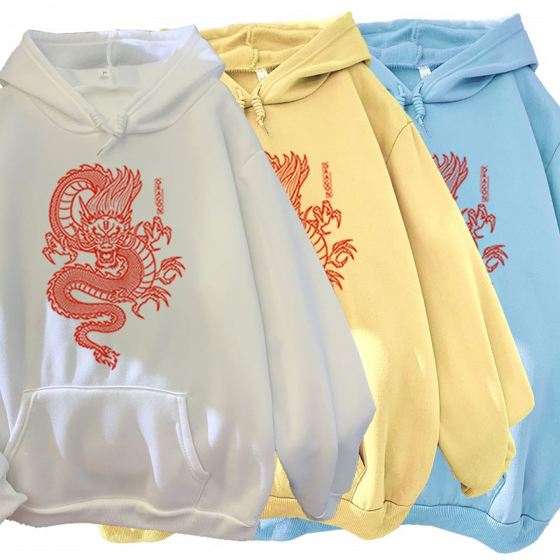 Sudaderas con Capucha para Parejas en Colores de Caramelo con Diseño de Dragón Estampado