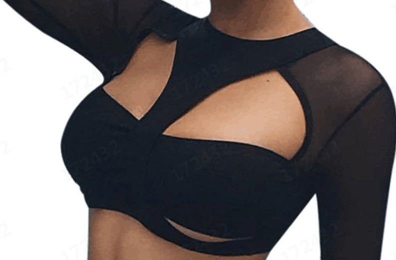 Conjunto de lencería sexy de encaje con traje de baño de manga larga transparente