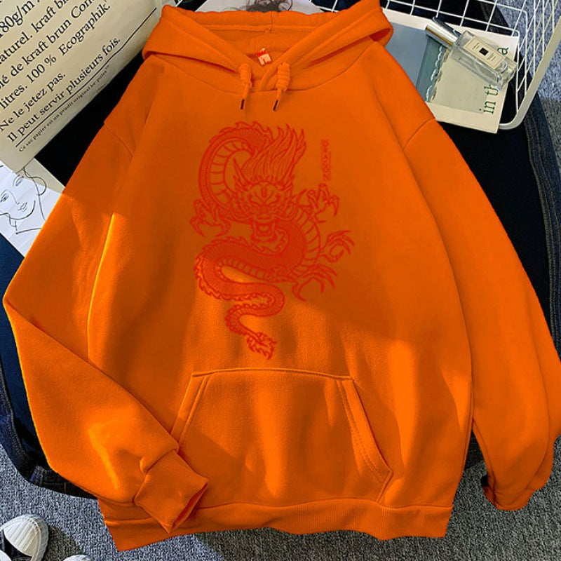 Sudaderas con Capucha para Parejas en Colores de Caramelo con Diseño de Dragón Estampado