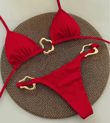 Conjunto de Bikini de Dos Piezas para Mujer de Color Sólido con Detalles Calados
