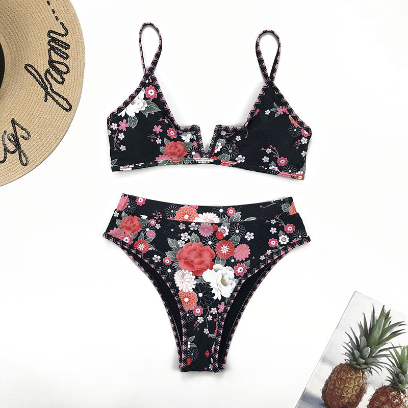 Bikini sexy estampado con escote en V - Conjunto de traje de baño para mujer