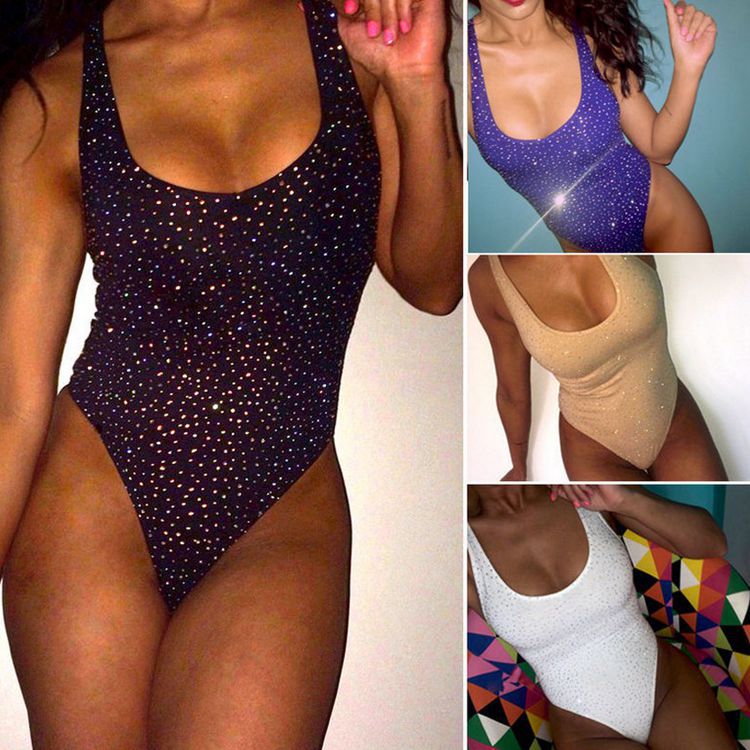 Traje de Baño de Una Pieza con Diseño de Diamante y Pedrería