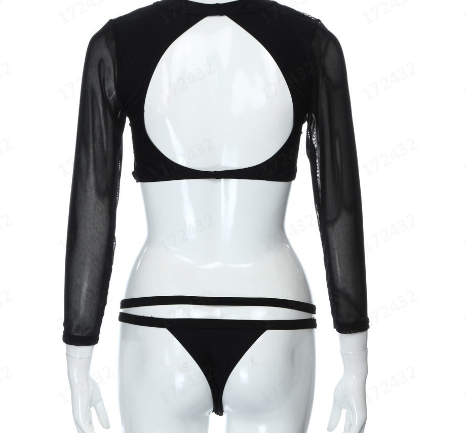 Conjunto de lencería sexy de encaje con traje de baño de manga larga transparente