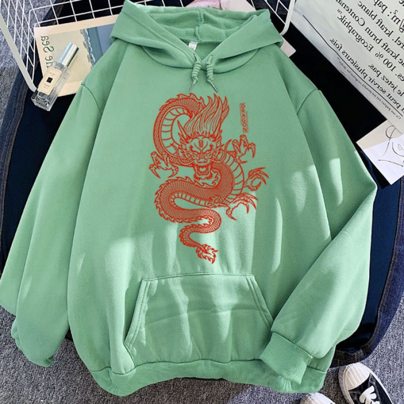 Sudaderas con Capucha para Parejas en Colores de Caramelo con Diseño de Dragón Estampado