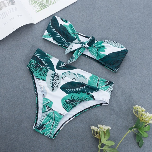 Bikini con estampado de hojas, traje de baño sexy de dos piezas para mujer