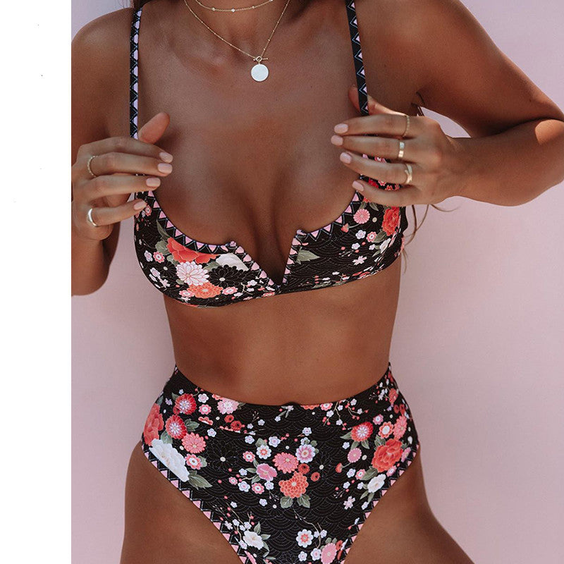 Bikini sexy estampado con escote en V - Conjunto de traje de baño para mujer