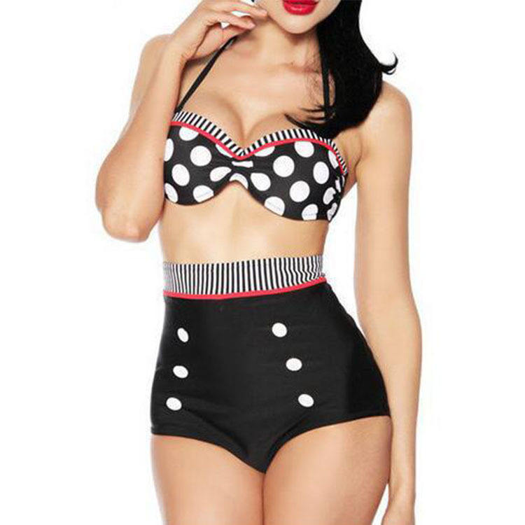 Traje de baño bikini retro de talle alto con lunares