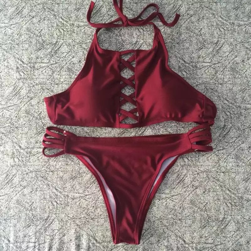 Bikini Elegante de Color Sólido con Diseño de Múltiples Tiras