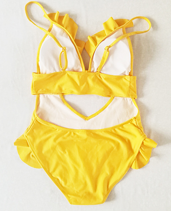 Conjunto de Traje de Baño de Una Pieza y Bikini con Encaje Amarillo