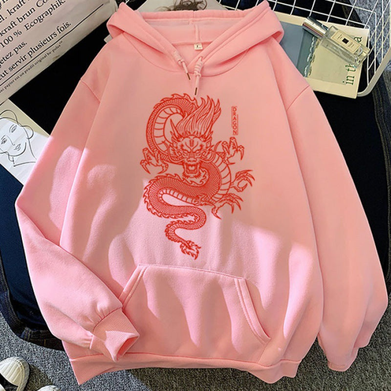 Sudaderas con Capucha para Parejas en Colores de Caramelo con Diseño de Dragón Estampado