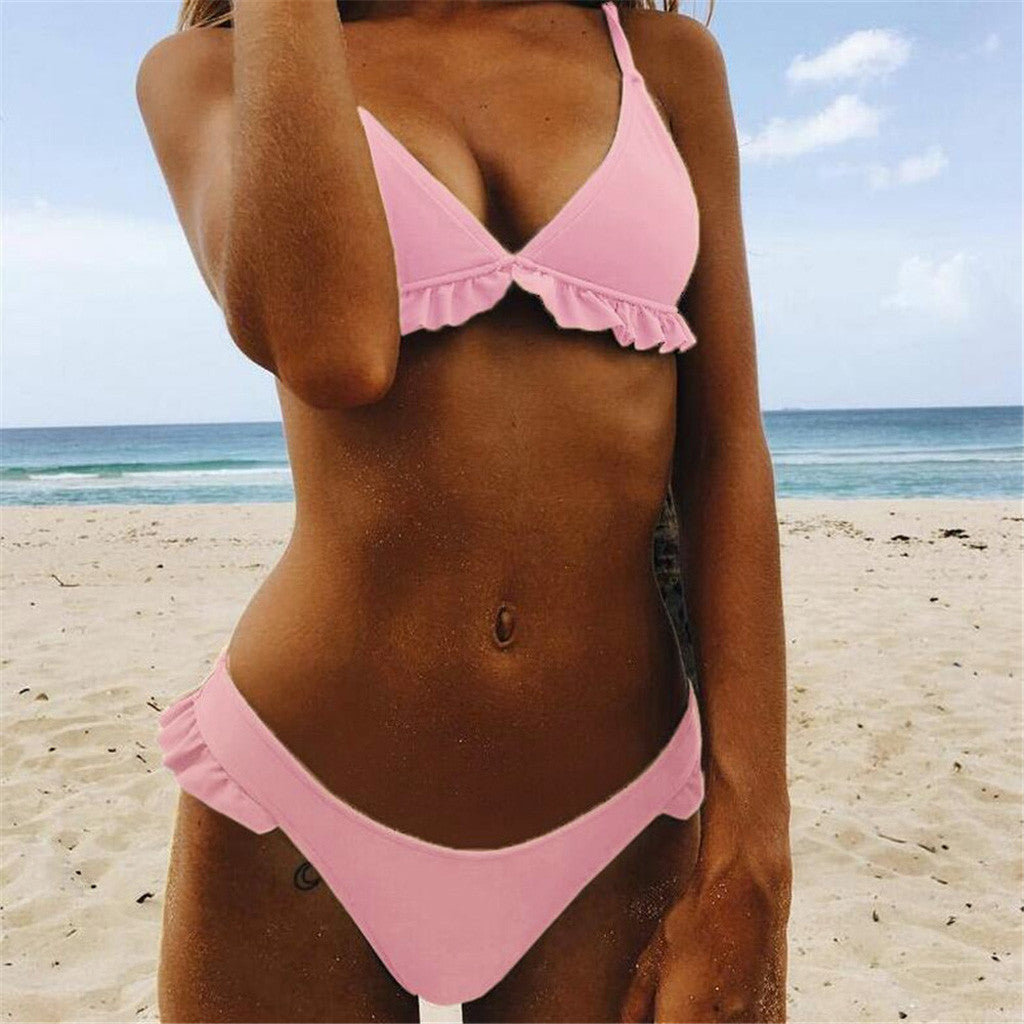 Nuevo traje de baño bikini con falda de color liso para mujer