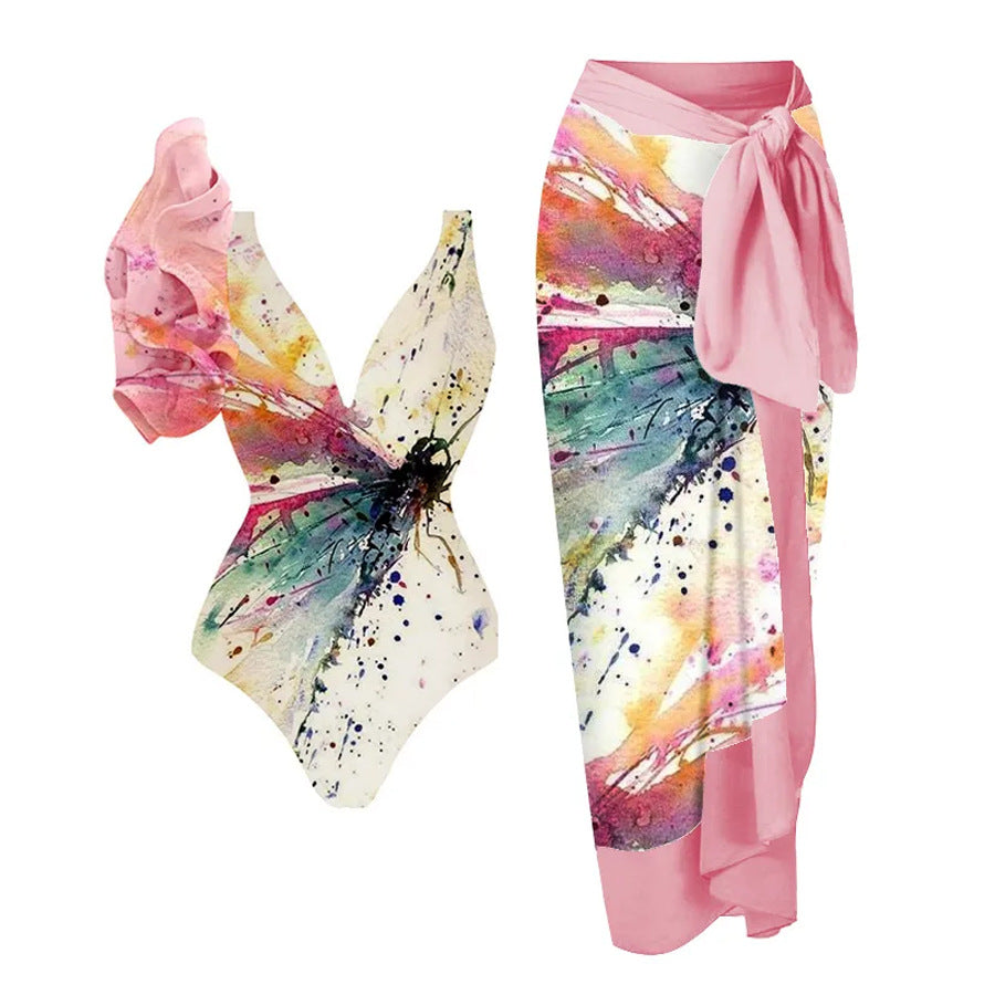Conjunto de traje de baño asimétrico con volantes y estampado de libélulas.