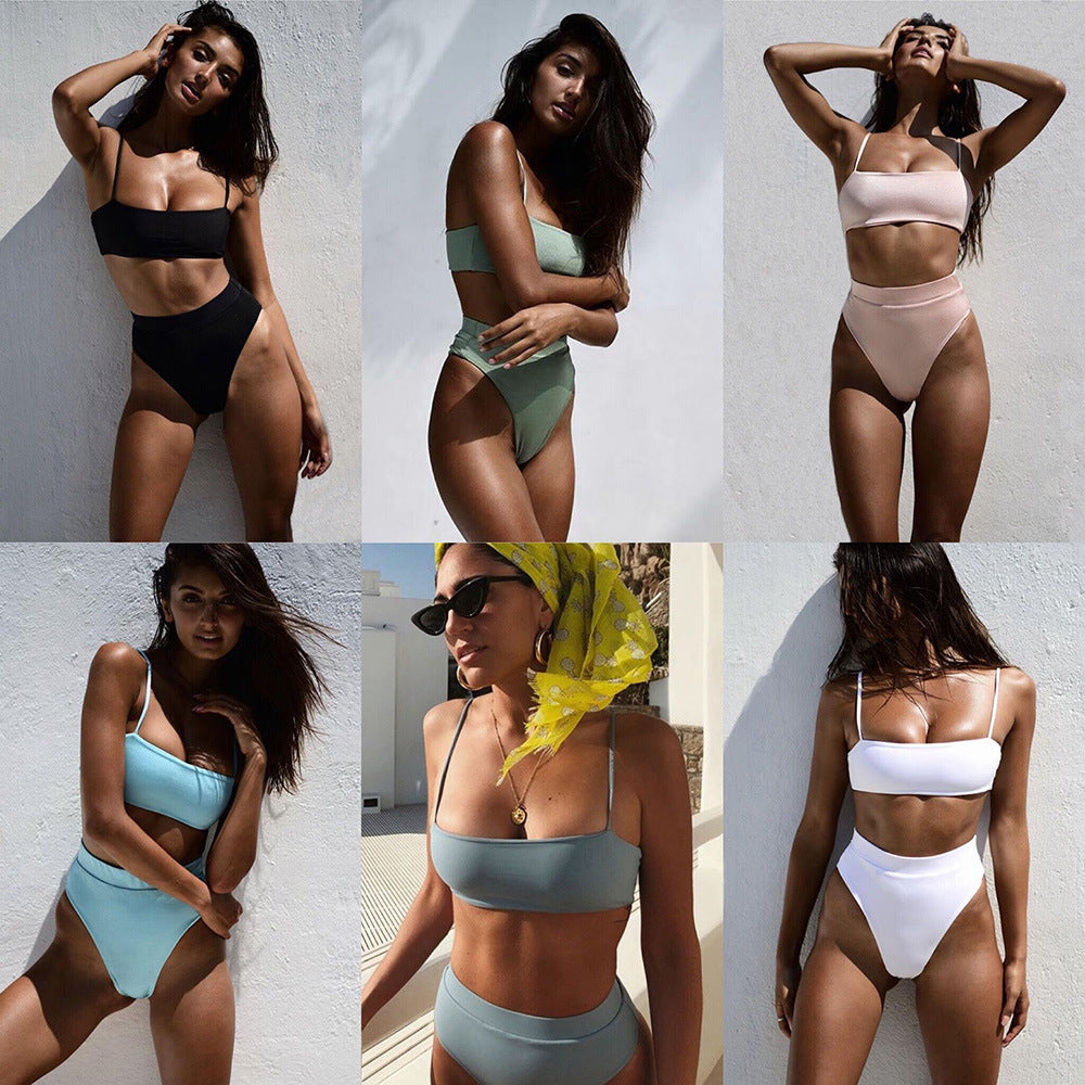 Conjunto de bikini de talle alto de color liso para mujer