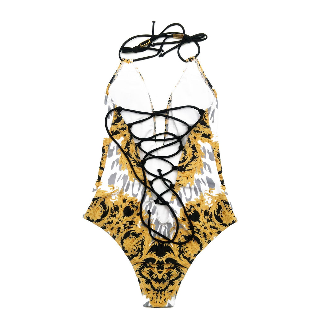 Traje de baño de una pieza para mujer con diseño de bikini estampado
