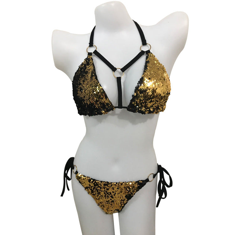 Conjunto de Bikini de Lentejuelas Doradas para Mujer con Diseño con Aros